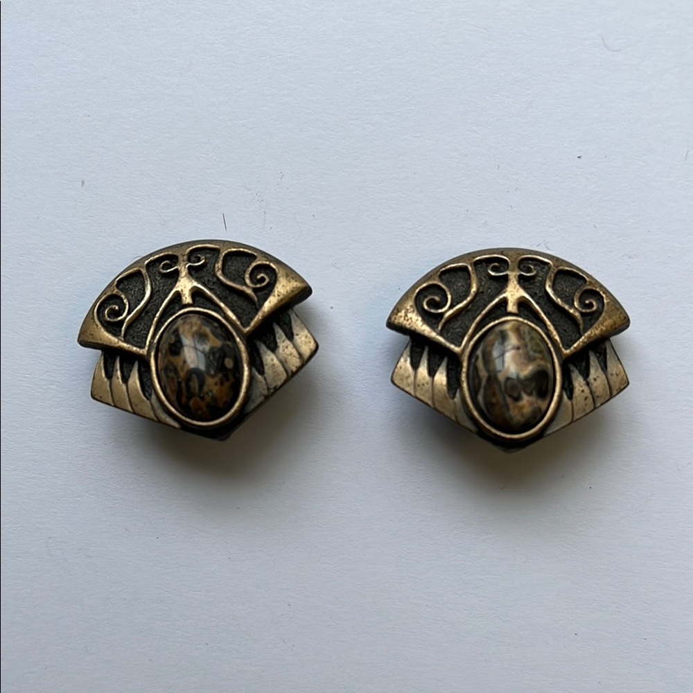 Vintage Bronze and Brown Faux Tiger Eye Clip-On Earrings